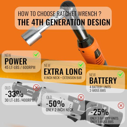 3/8" Electric Ratchet Wrench Set, Extended Long Neck Cordless Ratchet, 16V 45 ft-lbs Power Ratchet Kit, 600 RPM, 2 Batteries, LED, 9-Pcs Accessory Set & Toolbox for Auto Repair