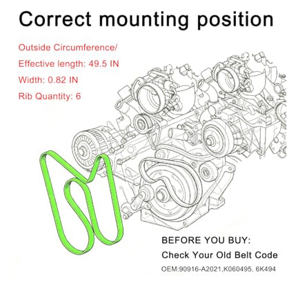 6PK1255 Serpentine Belt 49.45 Inch for Toyota Camry RAV4 2.5L L4 2AZ-FE - size: 6PK1255