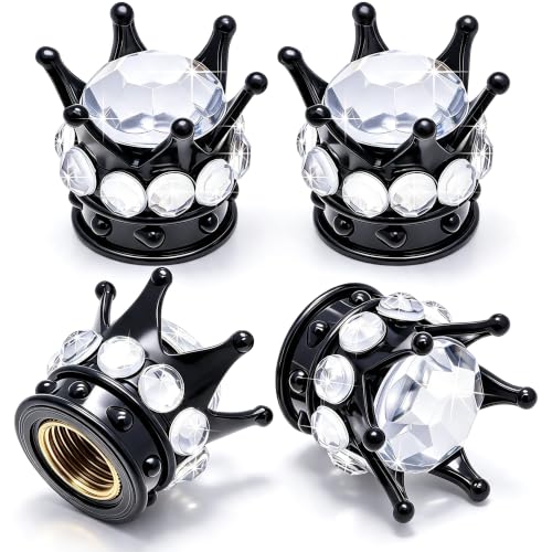 4PCS Crown Bling Tire Stem Valve Caps, Crystal Diamond Car Wheel Tire Valve Caps Universal Copper Core Stem Covers for Cars, SUV, Trucks, Bikes, Motorcycles, Bicycles (Black & Silver) - color: Black & Silver