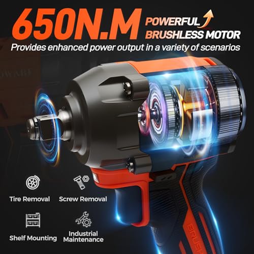 650N.m Brushless Impact Wrench, 1/2" Impact Gun w/ 4.0Ah Battery