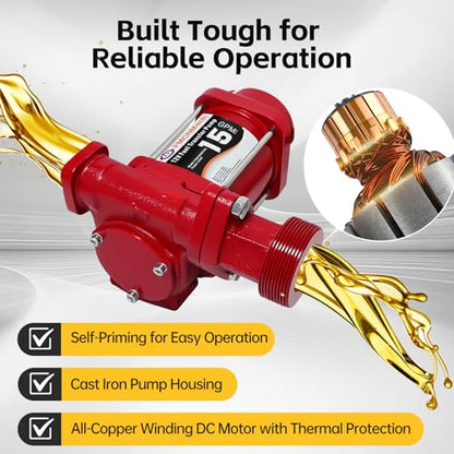 FMCNMech 12V Fuel Transfer Pump Kit, 15 GPM with Auto Shut-Off Nozzle - color: 15 GPM Gas & Diesel Pump