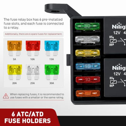 Nilight 12V Fuse Relay Box 6 Relays 4pin 40A 6 Fuses Pre-Wired Block Kit - color: Pre-Wired Box 6 Relay 6 Fuse
