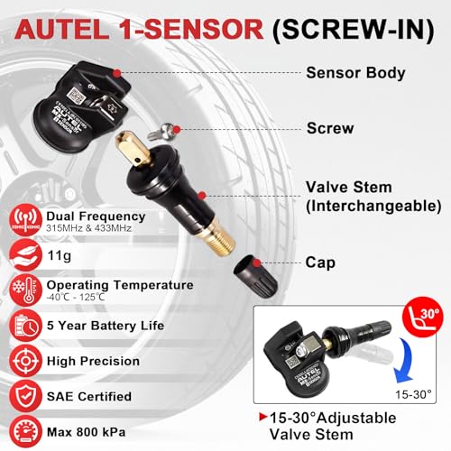 Autel TPMS Sensor Universal 1 Sensor with Dual Frequency (315MHz + 433MHz), Tire Pressure Monitoring Sensor Replacement for 99% Vehicles, Programmable by Autel TPMS Tool (Rubber Valve)