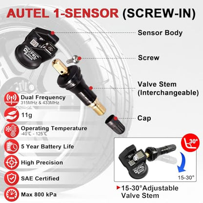 Autel TPMS Sensor Universal 1 Sensor with Dual Frequency (315MHz + 433MHz), Tire Pressure Monitoring Sensor Replacement for 99% Vehicles, Programmable by Autel TPMS Tool (Rubber Valve)
