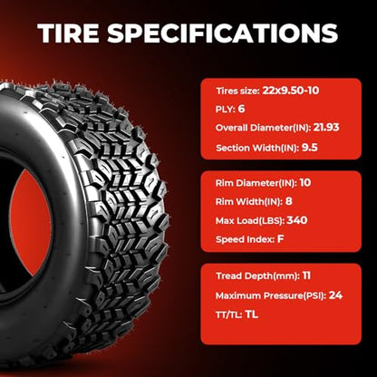 Set of 2 22x9.5-10 ATV UTV Tires, 22x9.5x10 All-Terrain Tires, 6PR