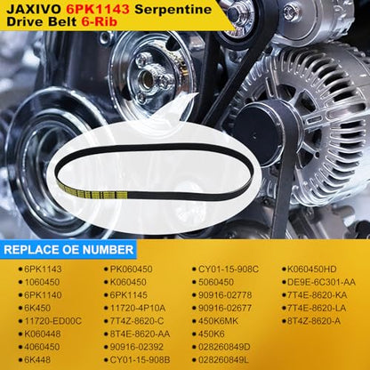 6PK1143 Serpentine Belt V-Ribbed Drive Belt for 07-18 Edge 3.5L,08-12 Escape 3.0L,11-19 Explorer V6,09-19 Flex/Taurus,09-16 MKS,07-18 MKX,07-15 CX-9 3.7L,21-25 A4/A6/Q5 2.0L,Replace 1060450 - size: 6PK1143-1143mm