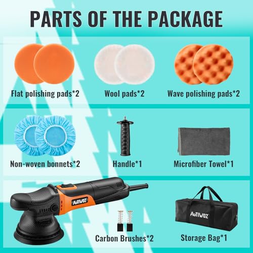 AUTIWOZ 5 Inch DA Polisher for Car Detailing, 9mm Random Orbital Polisher Buffer, 6 Speeds 2000-6200RPM, 630W Auto Polishing Machine for Car Polishing, Waxing, Sanding, W01