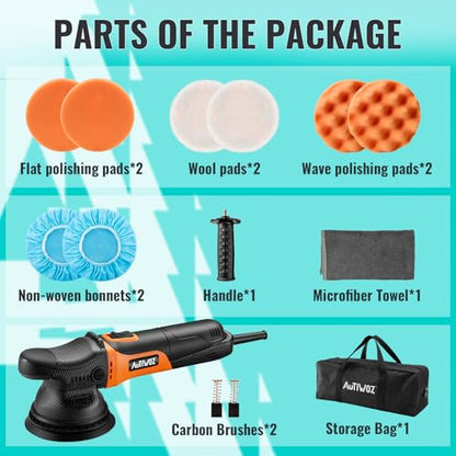AUTIWOZ 5 Inch DA Polisher for Car Detailing, 9mm Random Orbital Polisher Buffer, 6 Speeds 2000-6200RPM, 630W Auto Polishing Machine for Car Polishing, Waxing, Sanding, W01