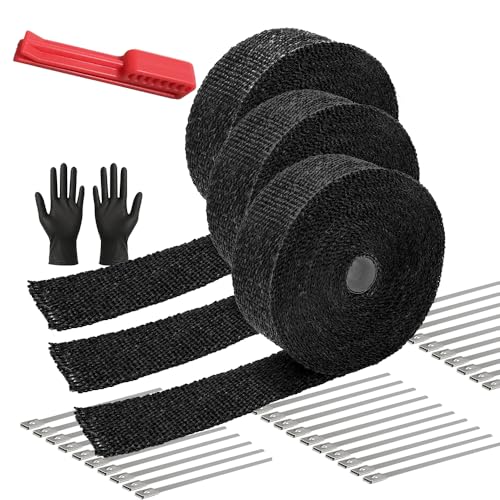 Exhaust Heat Wrap Roll 2" x 50' Black Fiberglass Heat Shield Tape 3 Rolls 5cm x 15m with 30pcs Stainless Ties and A Measure Tool for Motorcycle Car Truck - style: Black50' /3roll