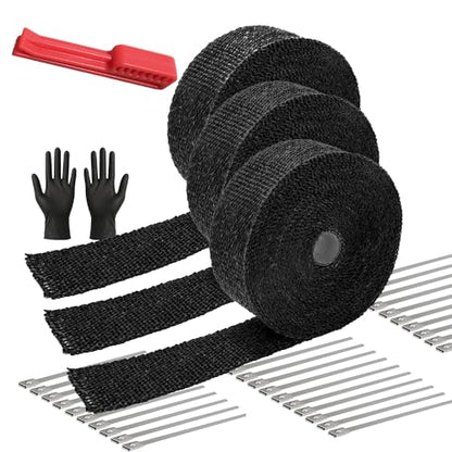 Exhaust Heat Wrap Roll 2" x 50' Black Fiberglass Heat Shield Tape 3 Rolls 5cm x 15m with 30pcs Stainless Ties and A Measure Tool for Motorcycle Car Truck - style: Black50' /3roll
