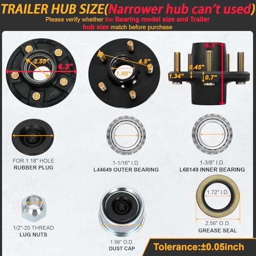 2Sets 5 Lug 3500Lb Trailer Hub Kit, 5x4.5 for 1-1/16"-1-3/8" Tapered Spindle, Boat Use - size: 5*4.5" Trailer Hub Kit for 3500 lbs Axle