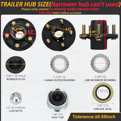 2Sets 5 Lug 3500Lb Trailer Hub Kit, 5x4.5 for 1-1/16"-1-3/8" Tapered Spindle, Boat Use - size: 5*4.5" Trailer Hub Kit for 3500 lbs Axle