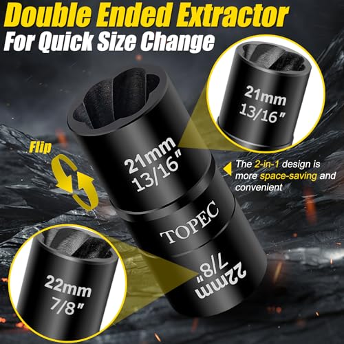 Topec 24mm x 25mm Flip Lug Nut Extractor, 1/2" Drive Lug Nut Removal Tool, 2-IN-1 Wheel Lock Remover Socket - size: 24 x 25mm