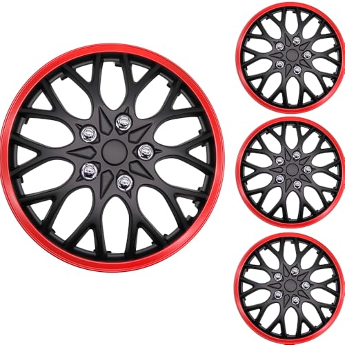 Akcsport Premium Hubcaps Wheel Covers for Toyota Nissan Kia Volkswagon 15 inch to 17 inch (Black Star Red Lip, 15 Inch) - size: 15 Inch, style: Black star Red Lip
