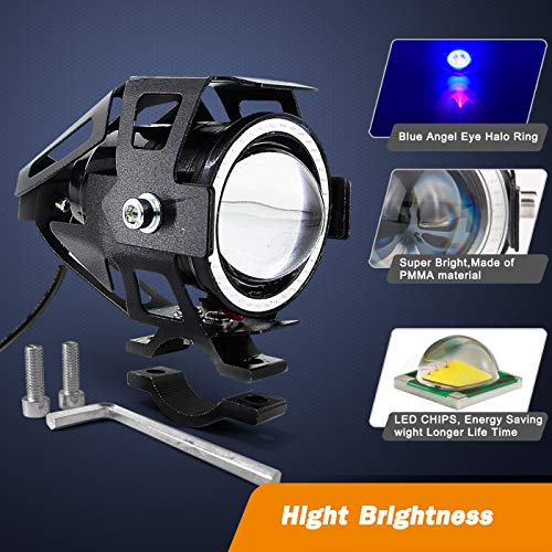 Motorcycle LED Fog Lights U7 Spotlight Daytime Running Lights Bicycle lights with Blue Angel Eyes Halo Ring and Switch 2-Sets - color: blue