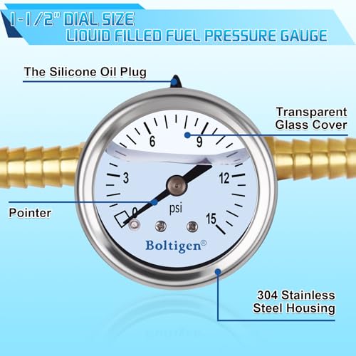 Boltigen Fuel Pressure Gauge, 0-15psi Fuel Pressure Gauge Kit, Glycerin Filled Fuel Pressure Regulator with Gauge for Car, 1/8'' NPT Inline Fuel Pressure Guage with 3/8'' 5/16'' Barb - color: White