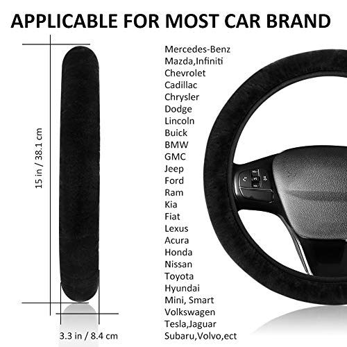 Fluffy Steering Wheel Cover for Women Girls, Accmor Universal Fit 15 inch Fur Car Wheel Cover & Handbrake Cover & Gear Shift Cover Set, Fashion Winter Warm Fuzzy Vehicle Wheel Protector (Black) - color: Black