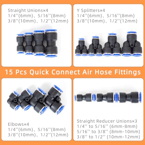 PLATATO Push to Connect Fittings Air Line Disconnect Tool Kit Push Fitting Removal Tool for 1/4”, 5/16”, 3/8”, 1/2” (6mm, 8mm,10mm,12mm) Quick Connect Release Pliers with 15 Pcs Pneumatic Fittings