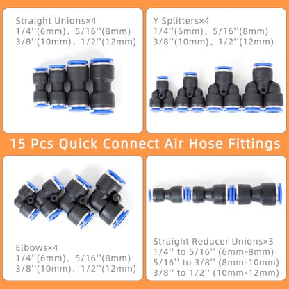 PLATATO Push to Connect Fittings Air Line Disconnect Tool Kit Push Fitting Removal Tool for 1/4”, 5/16”, 3/8”, 1/2” (6mm, 8mm,10mm,12mm) Quick Connect Release Pliers with 15 Pcs Pneumatic Fittings