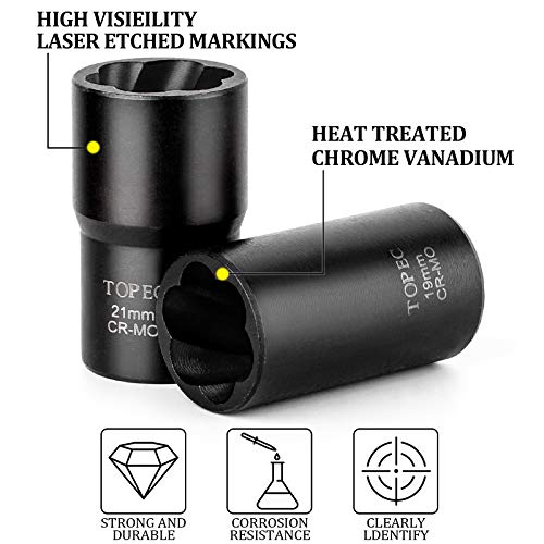 Topec 21mm Lug Nut Remover, Wheel Lock Removal Kit for Stripped Bolt & Rounded Nut, 1/2" Drive - style: 21MM