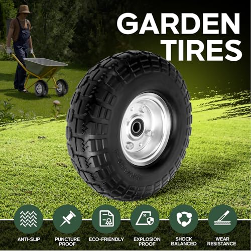 Taifa 4 PCS 10" Solid Flat Free 4.10/3.50-4 Rubber Tires and Wheels Replacement with 5/8'' Bearing and 2.17'' Offset Hub, Air less Wheel for Wheelbarrow/Wagon/Trolley/Lawn Mowers/Snow Blowers etc.