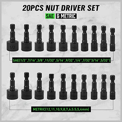 SWANLAKE 20PCS Power Nut Driver Set for Impact Drill, 1/4” Hex Head Drill Bit Set SAE and Metric - color: 20pcs Standard Version Black