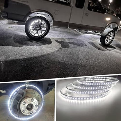17in RGBW Wheel Ring Lights w/Brake Function, White Courtesy Light, Waterproof Wheel Well Rim Tire Lights With Wireless RF Remote App Control for Truck SUV Car - size: 17inch