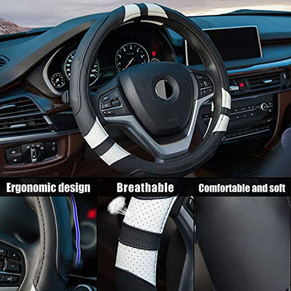 Achiou Steering Wheel Cover 15in Microfiber Leather Anti-Slip Universal - color: Black + White