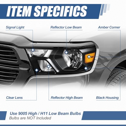 Auto Dynasty Headlights Assembly Compatible with 2019-2024 Dodge Ram 1500, Driver and Passenger Side Halogen Headlamps Replacement, GM2502329 GM2503329, Black Housing Amber Corner - color: Black Amber