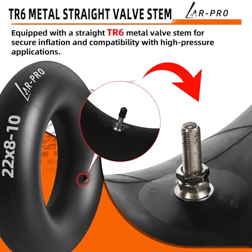 AR-PRO Relacement 22x8-10, 22x9-10 Inner Tubes for ATV, Lawn Tractor, Mowers, Golf Cart, Snow Blowers, and More - with TR6 Straight Metal Valve Stems - Made from Durable Butyl Rubber (2-Pack) - size: 22x8-10,TR-6