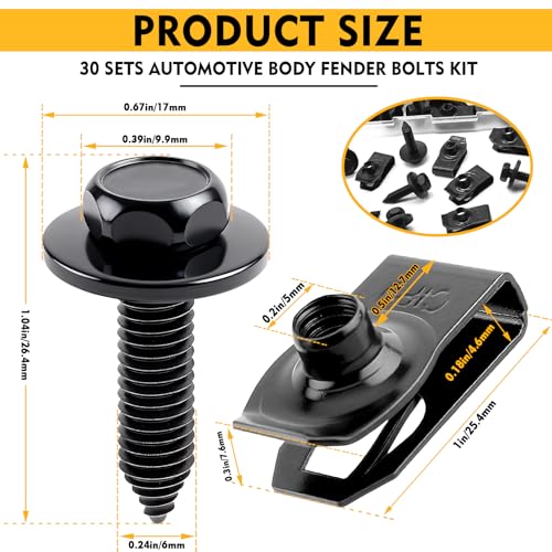 Upgraded 60 PCS 1/4" U-Nut Clips & Hex Head Body Bolts Kit