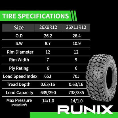 RUNIX ATV UTV Radial Tires, RUNIX TerraVance, 26X9R12 Front, 26X11R12 Rear, Set of 4, Radial Tire, All Terrain, 6PR, Tubeless, 26X9-12, 26X11-12 - size: 26X9R12 & 26X11R12