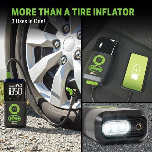 Slime 40089 Cordless 3-in-1 Tire Inflator w/Power Bank & LED Light, Auto Shut-Off, Digital Display & 6 Presets, Flat to Full in 8 Mins, Car, Bike, Motorcycle & More - style: 3in1 Cordless Tire Inflator