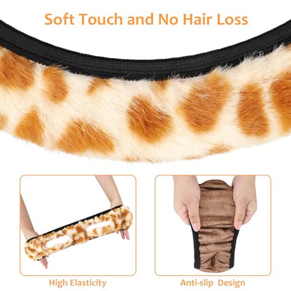 Accmor Fuzzy Leopard Print Car Steering Wheel Cover Women Car Accessories - color: Style B/Orange Leopard, Ear
