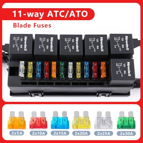 Newdeli 12V Relay Box 11 Way Waterproof Relay Fuse Box Automotive Relay and Fuse Block 12 AWG Pre-Wired Universal Relay Panel with 4-Pin Relays and ATC/ATO Blade Fuses for Auto Car Marine Boat Truck - size: 11 Way 12V 12AWG Fuse Relay Box