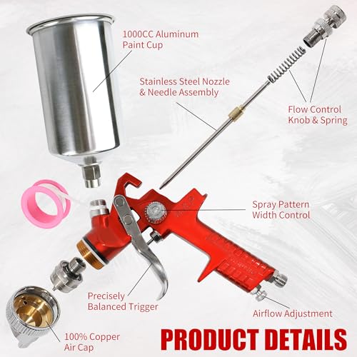 HVLP Spray Gun 1.4/1.7/2.0/2.5/3.0mm Kit with 1000cc Aluminum Cup - color: red