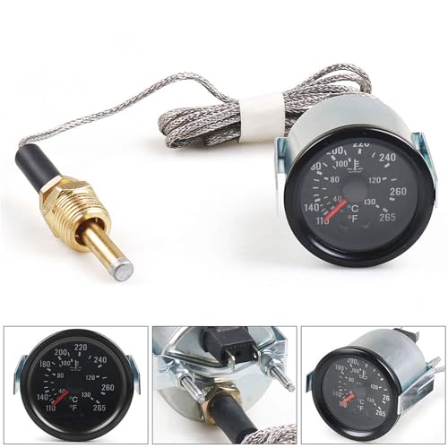 Dyno Racing 2" 52mm 12V Pointer Mechanical Water Temperature Temp Gauge （40-130℃,110-265℉,Yellow Light Car Meter with Sensor NPT 1/2, 1.8m Wire Length - style: 40-130℃ & 110-265℉