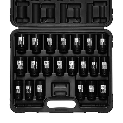 CASOMAN 1/2” Drive Deep Big Impact Socket Set, 21 - Piece Large Spindle Axle Nut Impact Wrench Socket Set, 6 Point, CR-MO, Metric & SAE, 27mm - 41mm, 1-1/16" - 1-5/8"