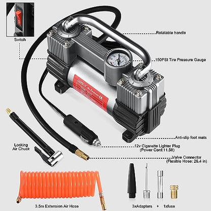 GSPSCN 12V Heavy Duty Tire Inflator Metal Portable Air Compressor Pump - color: Titanium