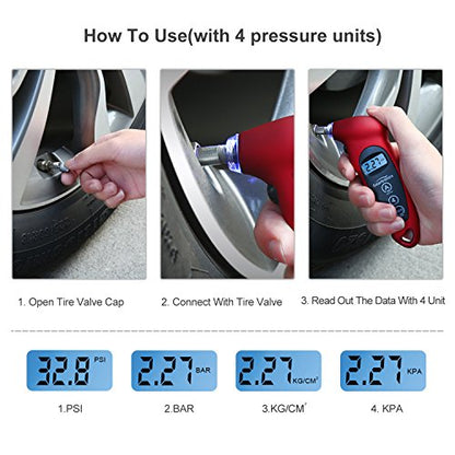 Digital Tire Pressure Gauge 150 PSI 4 Settings with Backlight LCD Tire Gauge for Cars, Motorcycles and Bikes with Non-Slip Grip, 2 Pack