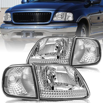 Aosky Halogen Headlights Assembly for 1997-03 Ford F150 Expedition - color: Chrome / Clear, style: w/o Bulbs