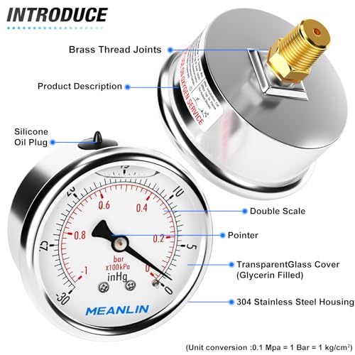 MEANLIN MEASURE -30inHG~0Psi Stainless Steel 1/4" NPT 2.5" FACE DIAL Vacuum Pressure Gauge, Center Back Mount, with 1/2" NPT and 3/8" NPT Hex Bushing - size: -30inHG-0Psi