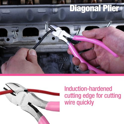 WORKPRO 7-piece Pliers Set, Pliers Tool Set with Comfort Grip - Pink Ribbon - color: Pink