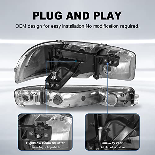 MOSTPLUS Headlight Assembly Compatible with 1999-2006 GMC Sierra 1500 2500/00-06 GMC Yukon Front Lamp with Chrome Housing/Clear Lens/Amber Reflector - color: Chrome/Clear/Amber