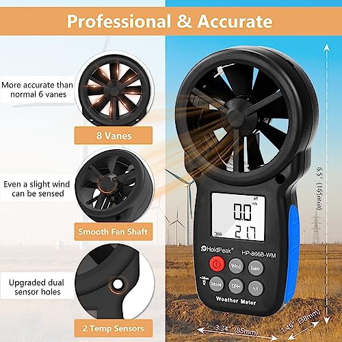 HoldPeak Handheld Anemometer Barometer, Weather Meter for Wind Speed, Temperature, Humidity, Dew Point, Altitude, Barometric Pressure, Wind Chill Measuring, Digital Wind Guage 866B-WM - color: 866B-WM (1 PC)