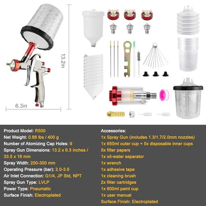 SRQ R500 LVLP Air Spray Gun with 650ml Mixing Cup & 600ml Reusable Plastic Cup, 1.3/1.7/2.0mm Nozzles Paint Gun Sprayer, Automotive Paint Gun for Car, Furniture, Fence, Varnish& Top Coat - color: 5 mixing cup+plastic jug