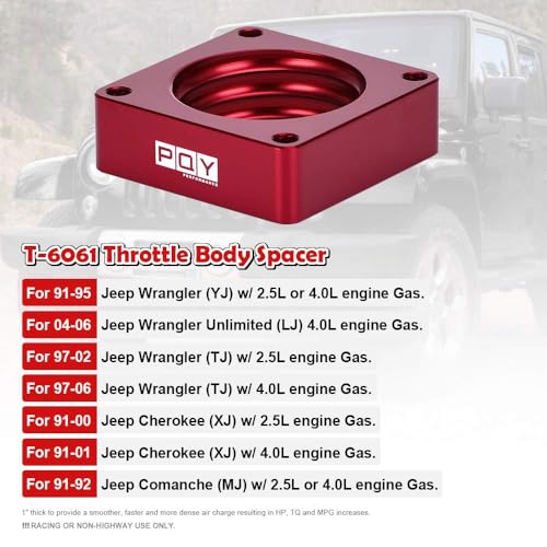 Aluminum Throttle Body Spacer Fit for 91-06 Jeep Wrangler Cherokee TJ YJ LJ XJ 2.5L/4.0L Engine Gas w/Gasket 1" Raise Manifold Carb (Red) - color: Red