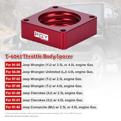 Aluminum Throttle Body Spacer Fit for 91-06 Jeep Wrangler Cherokee TJ YJ LJ XJ 2.5L/4.0L Engine Gas w/Gasket 1" Raise Manifold Carb (Red) - color: Red