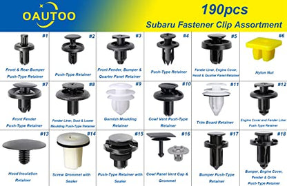 190pcs for Subaru Body Interior and Exterior Retainer Fastener Clip Assortment 19 Most Popular Sizes & Applications