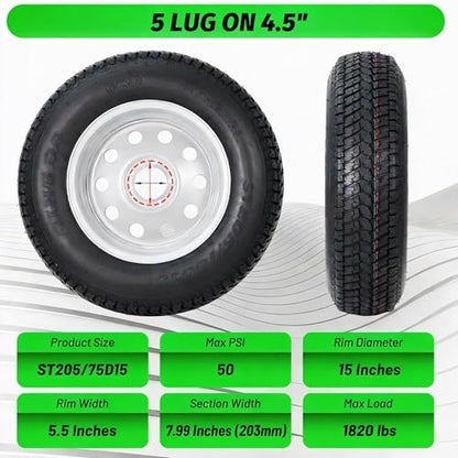 ST205/75D15 Trailer Tires, 5 Lug on 4.5", 6PR Load Range C, 15in Fuel-saving Designed Trailer Tires 205 75 15 for Travel/Camper/Landscape/Cargo/Utility/Boat/Horse/Farm/Hauler Trailer(Pack of 2) - size: ST205/75D15, style: 5 Lug